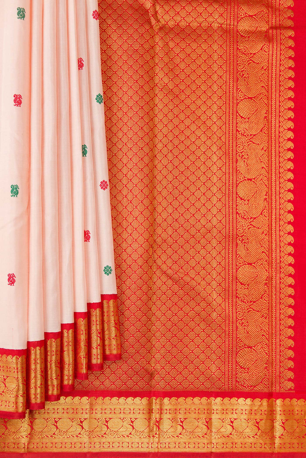 Pleats and pallu of Pure Silk Rose Gold Kanjivaram Saree with Thread Butta on the body and Zari Border. 