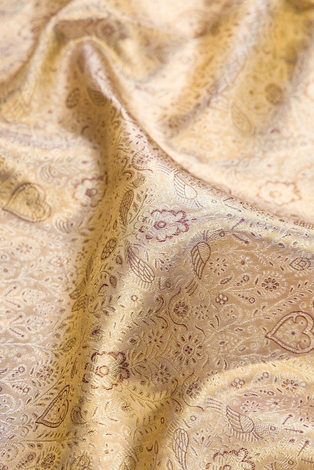Close up of Gold Dual Tone Kanjivaram Tissue Saree with Zari Brocade on the body and Zari Border.  displaying folds
