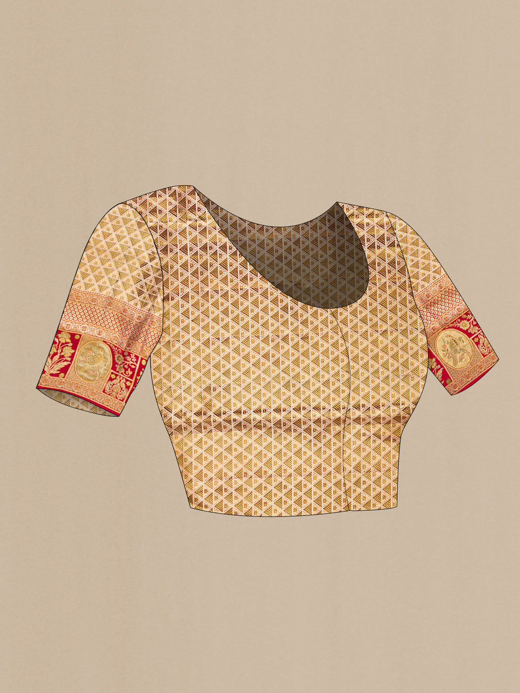 Close up image of the blouse of Pure Silk Gold Dual Tone Kanchipuram Tissue Saree with Zari Brocade on the body and Fancy Border. 