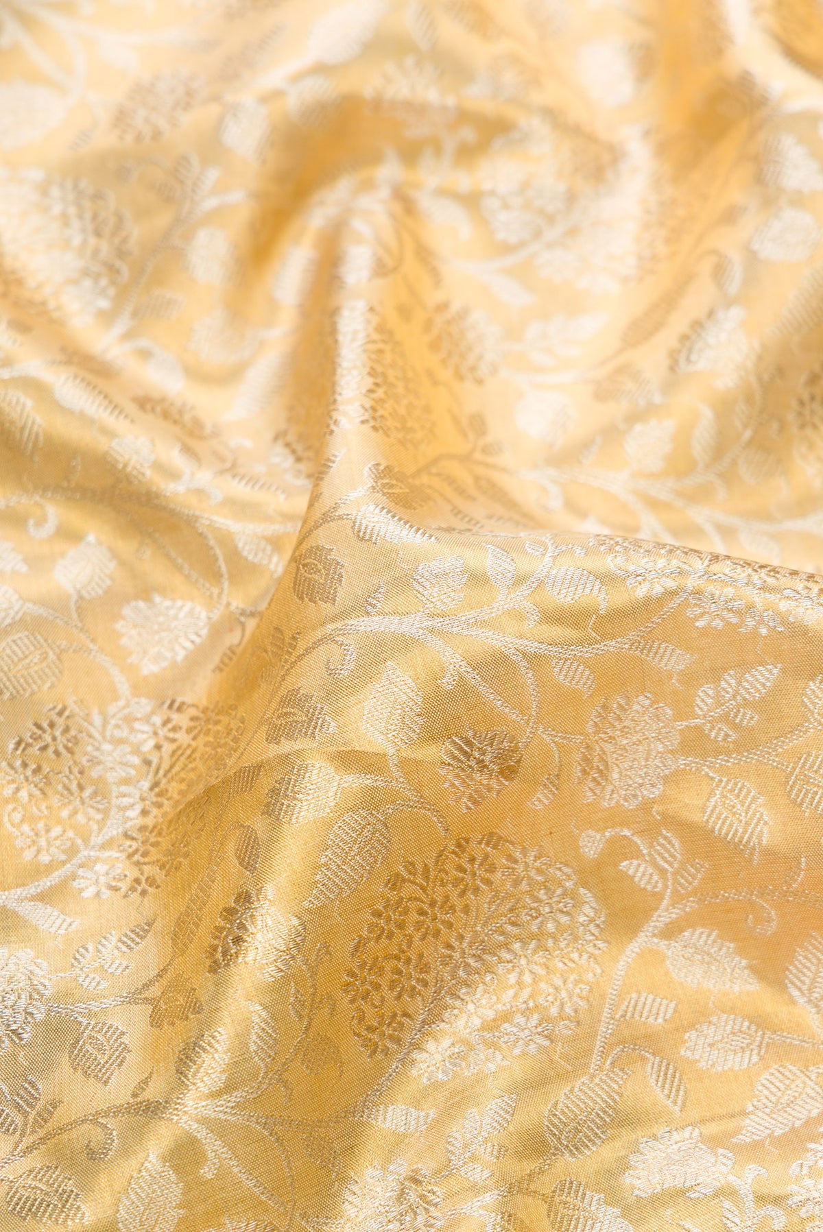 Close up of Pure Silk Gold Dual Tone Kanchipuram Tissue Saree with Zari Brocade on the body and Fancy Border.  displaying folds