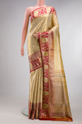 Pure Silk Gold Dual Tone Kanchipuram Tissue Saree with Zari Brocade on the body and Fancy Border.  displayed on a mannequin