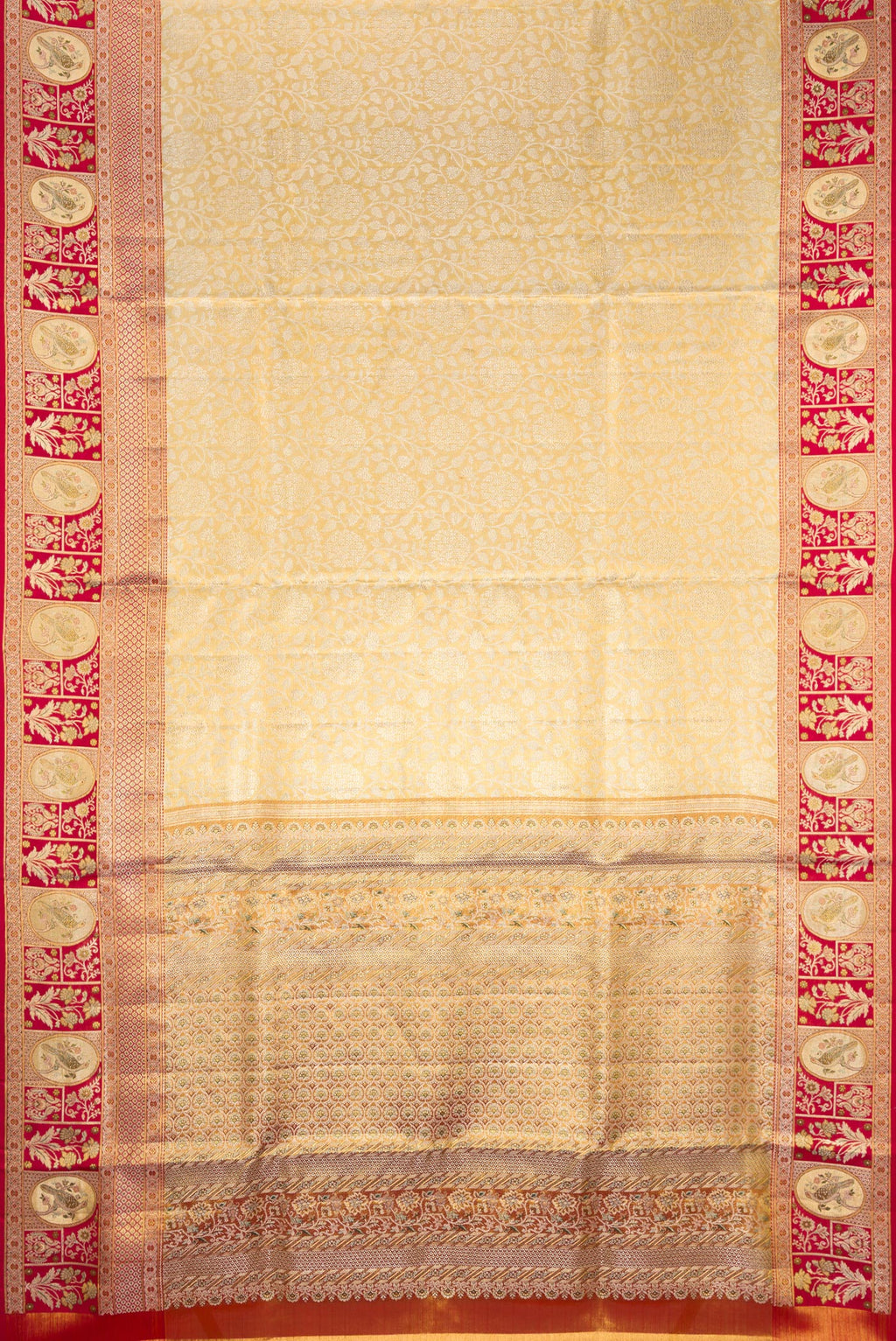 Flat view of Pure Silk Gold Dual Tone Kanchipuram Tissue Saree with Zari Brocade on the body and Fancy Border. 