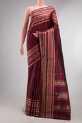 Pure Silk Maroon Kanjivaram Saree with Checked design on the body and Zari Border.  displayed on a mannequin