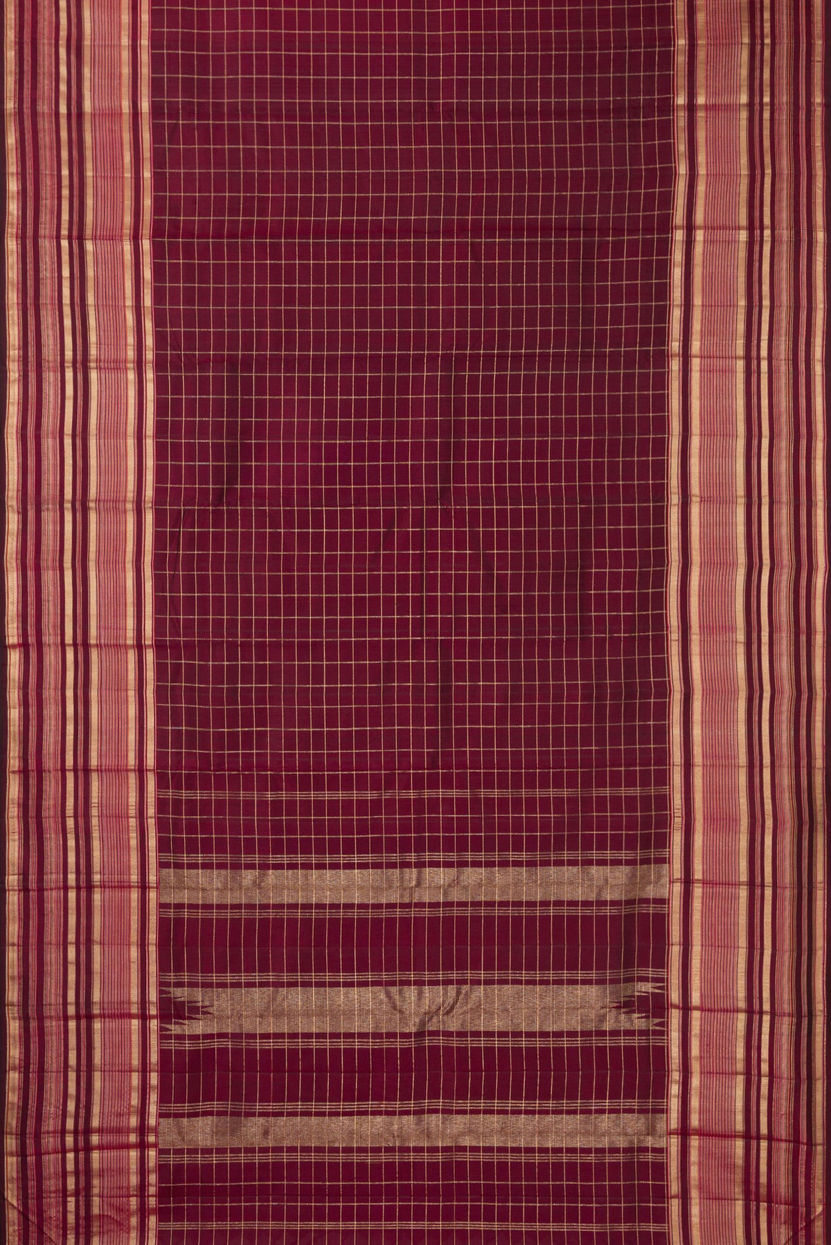 Flat view of Pure Silk Maroon Kanjivaram Saree with Checked design on the body and Zari Border. 