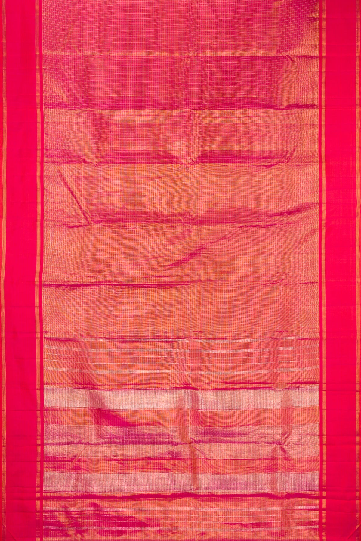 Flat view of Pure Silk Pink Kanjivaram Saree with Checked design on the body and Zari Border. 