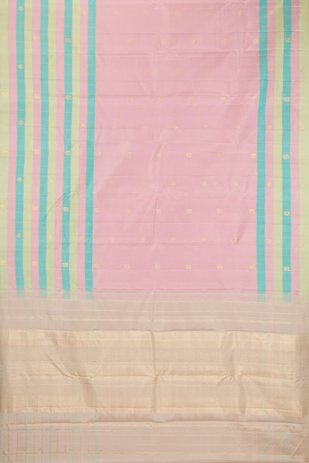 Flat view of Pure Silk Pink Kanjivaram Saree with Zari Butta on the body and Checks Border. 