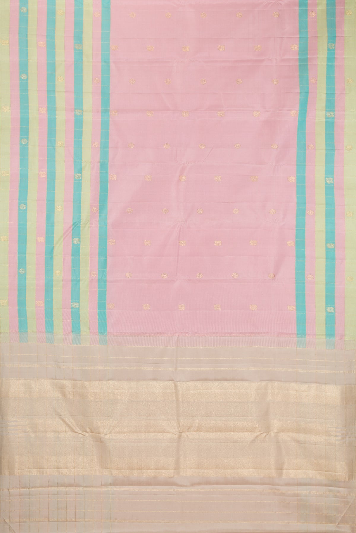 Flat view of Pure Silk Pink Kanjivaram Saree with Zari Butta on the body and Checks Border. 