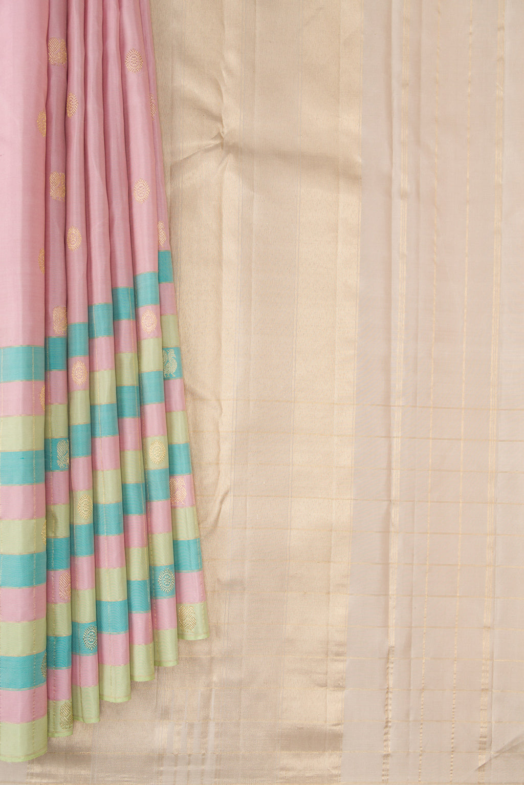 Pleats and pallu of Pure Silk Pink Kanjivaram Saree with Zari Butta on the body and Checks Border. 