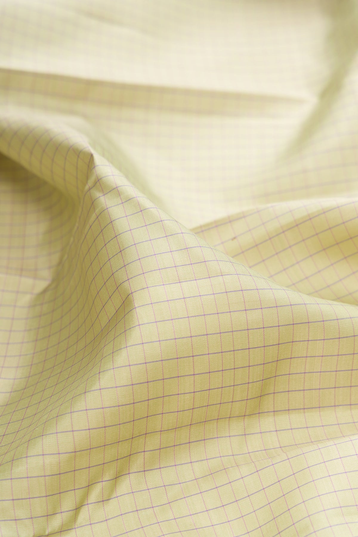 Close up of Pure Silk Pista Green Kanchipuram Saree with Checked design on the body and Plain Border.  displaying folds
