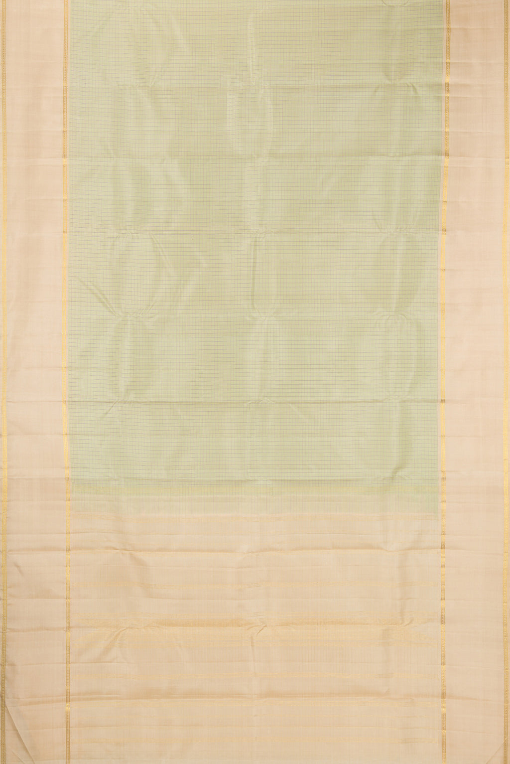 Flat view of Pure Silk Pista Green Kanchipuram Saree with Checked design on the body and Plain Border. 