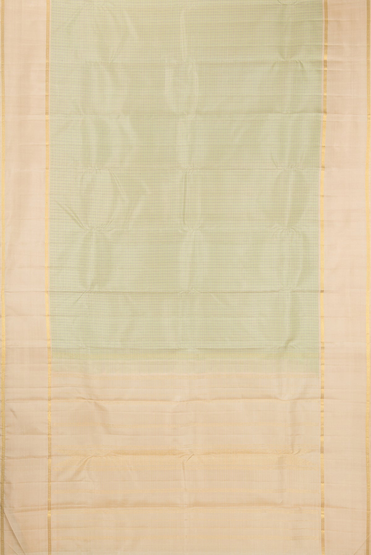 Flat view of Pure Silk Pista Green Kanchipuram Saree with Checked design on the body and Plain Border. 