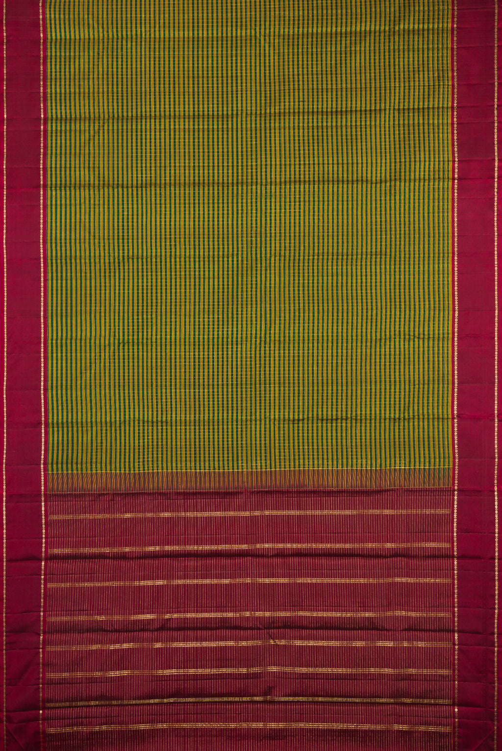 Flat view of Pure Silk Bottle Green Kanjivaram Saree with Checked design on the body and Zari Border. 