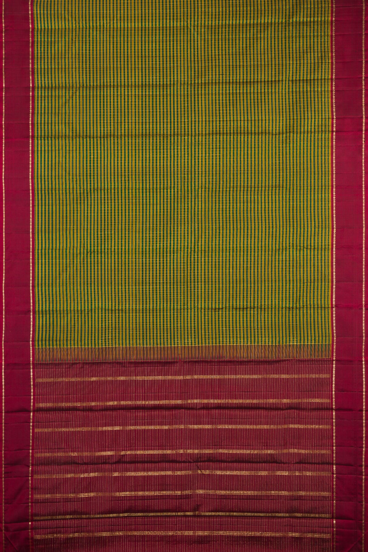 Flat view of Pure Silk Bottle Green Kanjivaram Saree with Checked design on the body and Zari Border. 