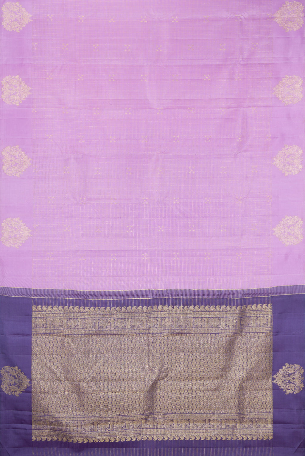 Flat view of Pure Silk Lavender Kanjivaram Saree with Zari Butta on the body and Without Border. 