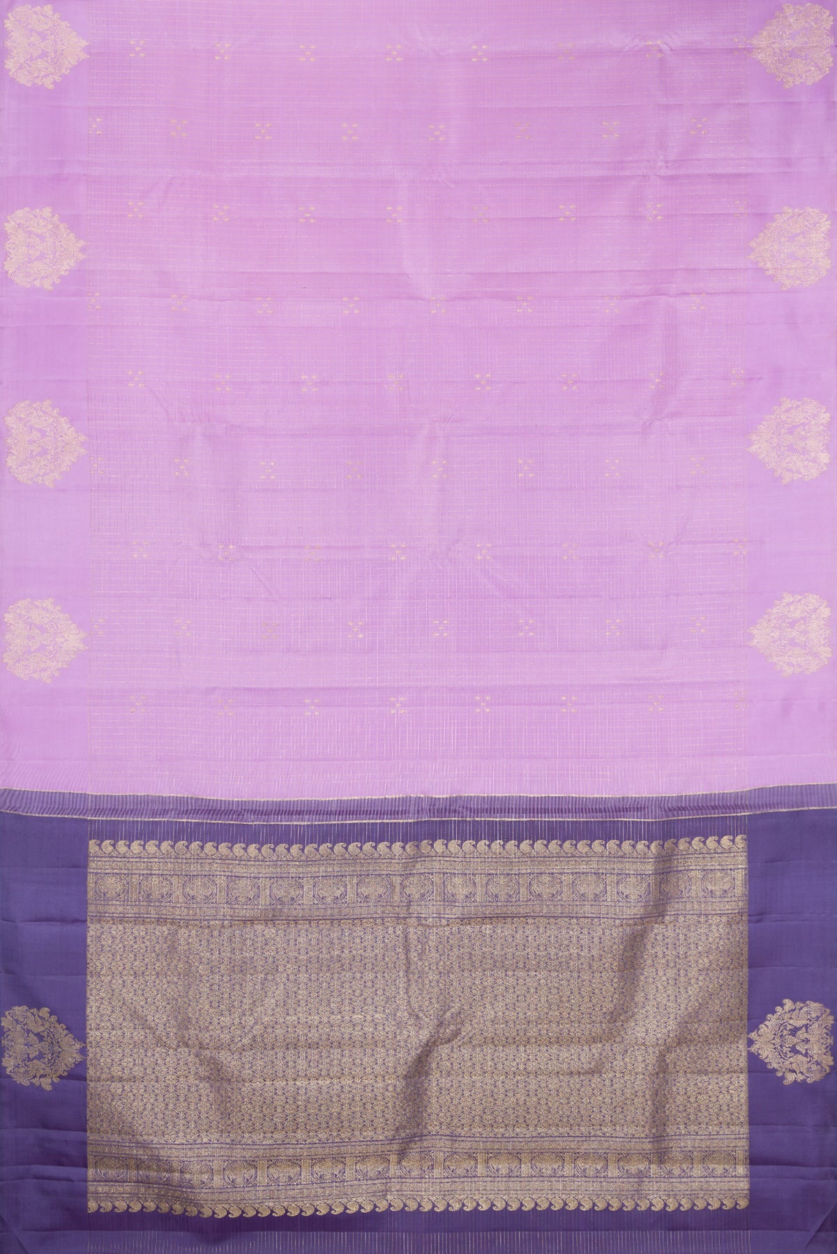 Flat view of Pure Silk Lavender Kanjivaram Saree with Zari Butta on the body and Without Border. 