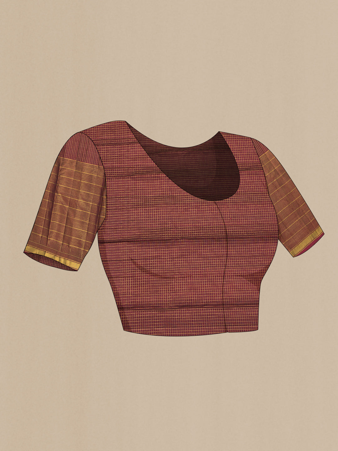 Close up image of the blouse of Pure Silk Rust Kanjivaram Saree with Checked design on the body and Ganga Jamuna Border. 