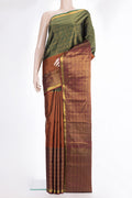 Pure Silk Rust Kanjivaram Saree with Checked design on the body and Ganga Jamuna Border.  displayed on a mannequin