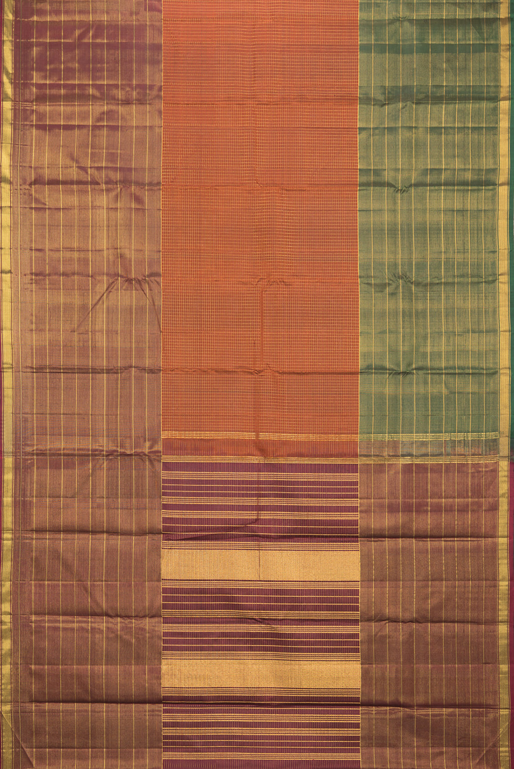 Flat view of Pure Silk Rust Kanjivaram Saree with Checked design on the body and Ganga Jamuna Border. 