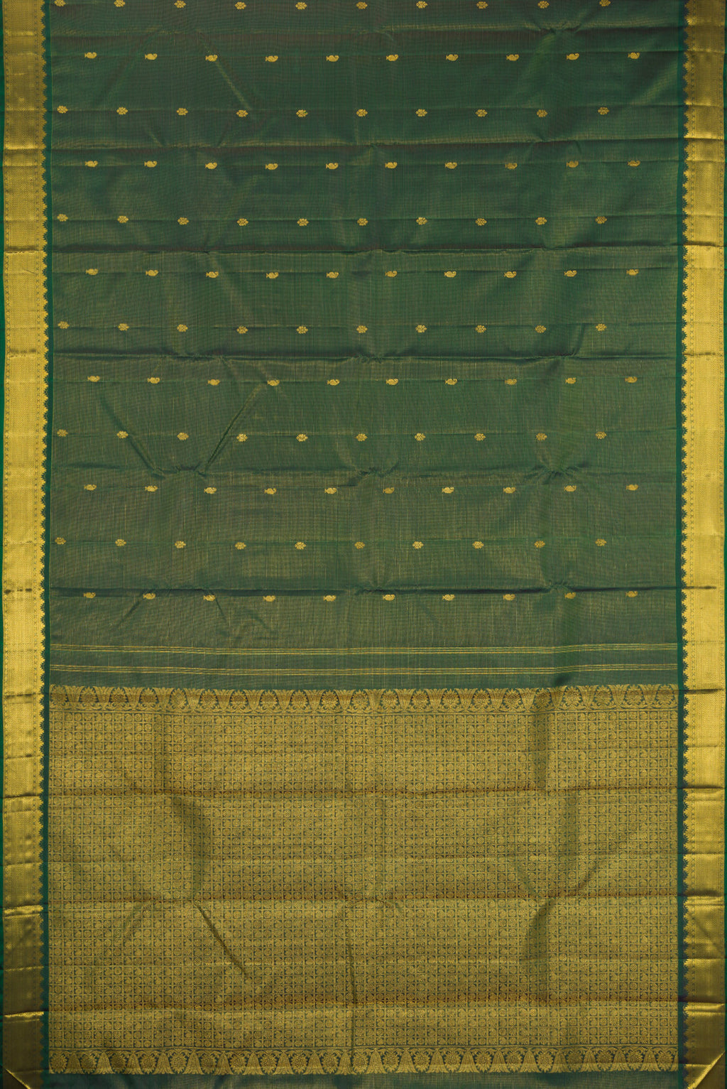 Flat view of Pure Silk Bottle Green Kanjivaram Saree with Zari Butta on the body and Zari Border. 