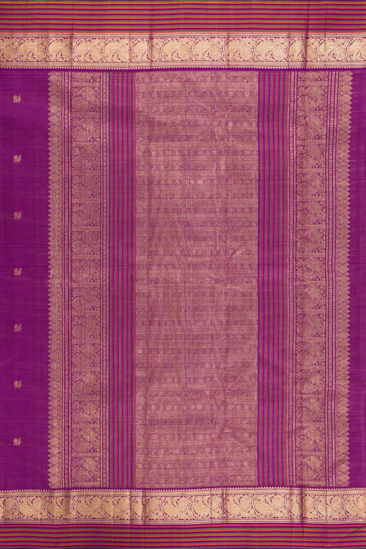 Close up image of the pallu of Pure Silk Purple Kanjivaram Saree with Stripes on the body and Zari Border. 