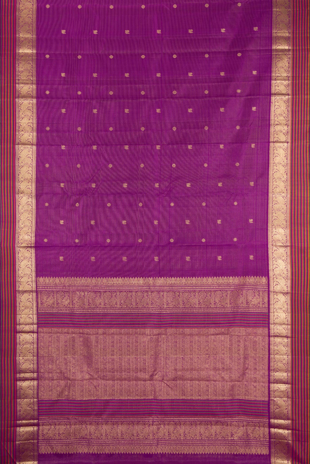 Flat view of Pure Silk Purple Kanjivaram Saree with Stripes on the body and Zari Border. 