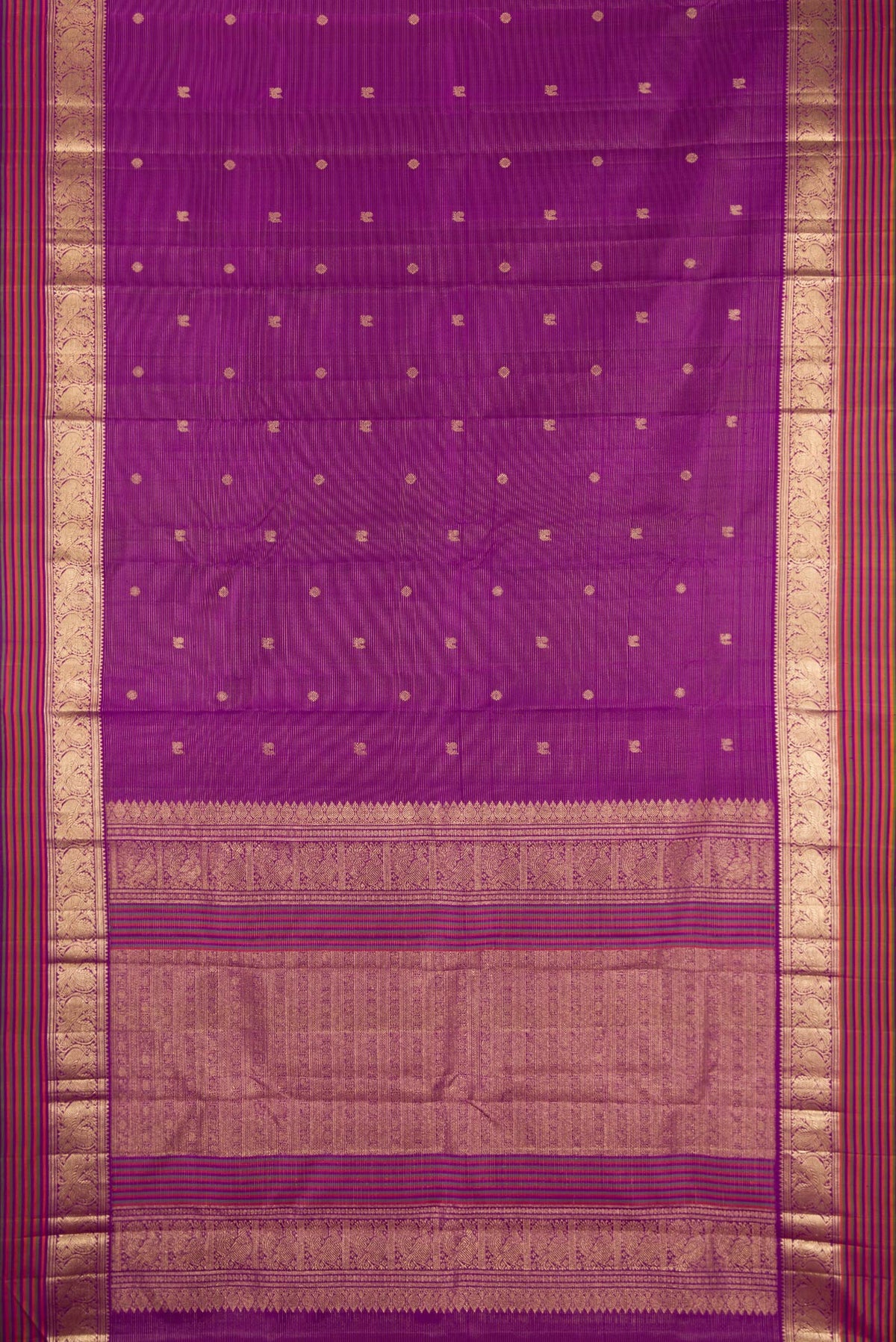 Flat view of Pure Silk Purple Kanjivaram Saree with Stripes on the body and Zari Border. 