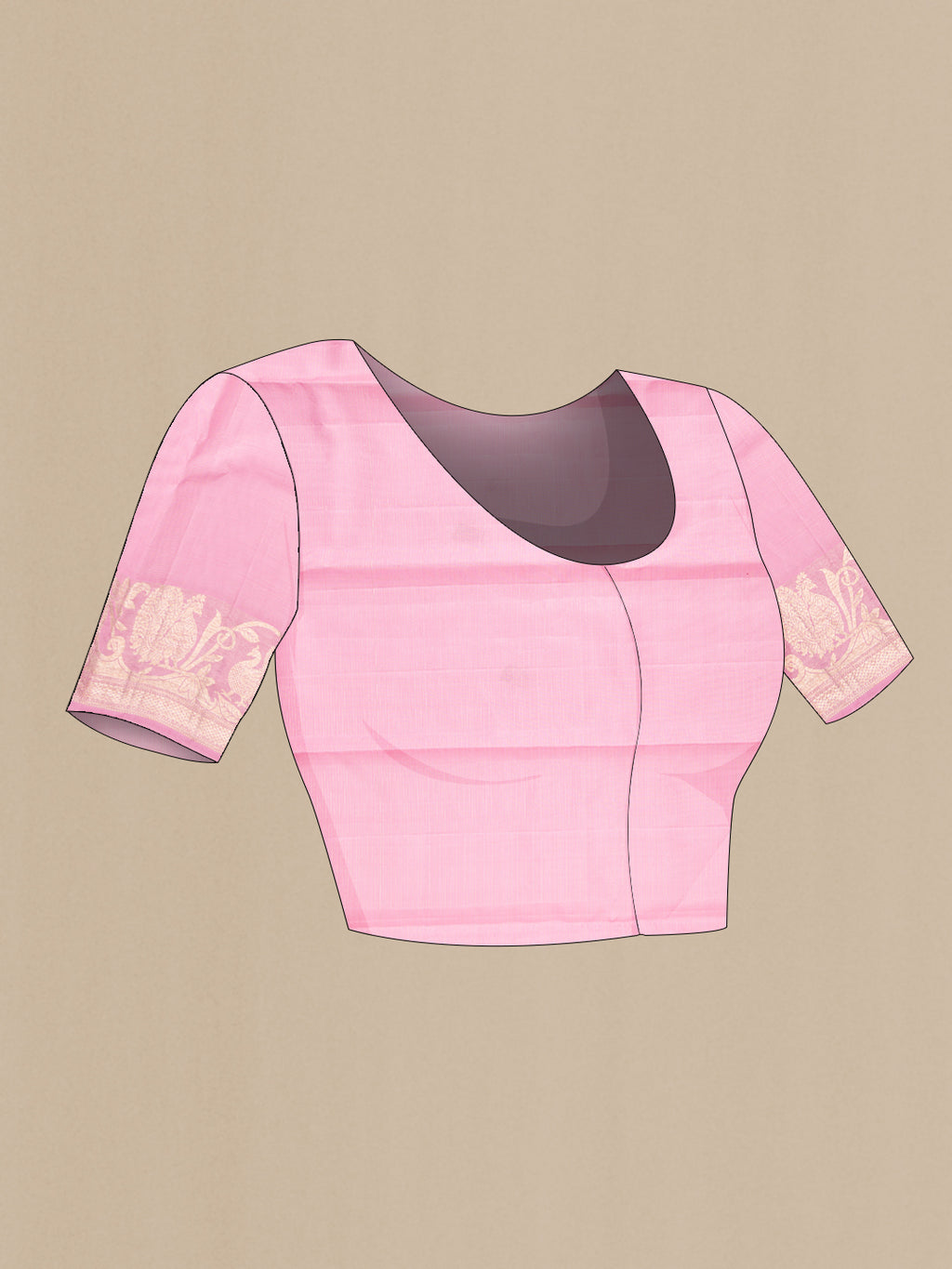 Close up image of the blouse of Pure Silk Pink Kanjivaram Saree with Checked design on the body and Fancy Border. 