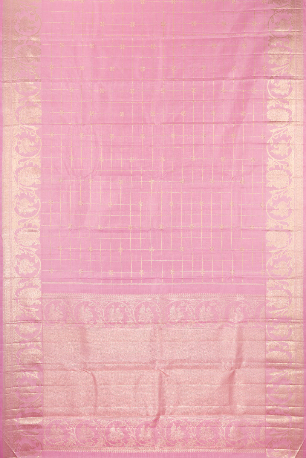 Flat view of Pure Silk Pink Kanjivaram Saree with Checked design on the body and Fancy Border. 