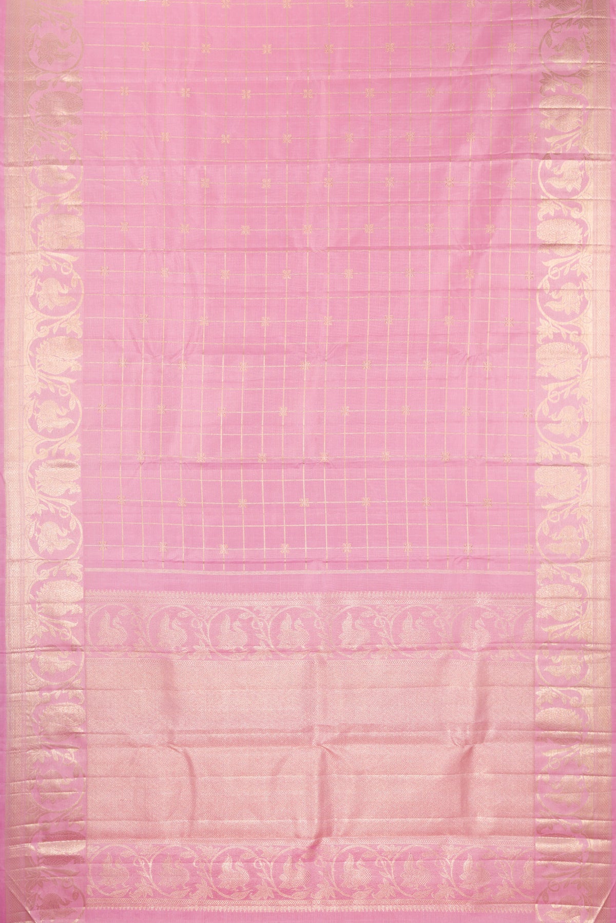 Flat view of Pure Silk Pink Kanjivaram Saree with Checked design on the body and Fancy Border. 