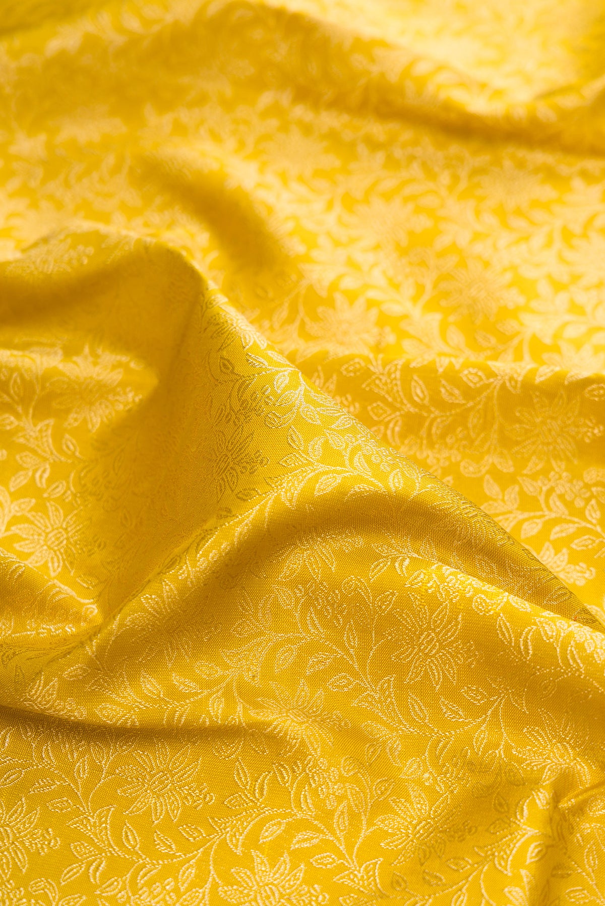 Close up of Pure Silk Gold Dual Tone Kanchipuram Saree with Zari Brocade on the body and Fancy Border.  displaying folds