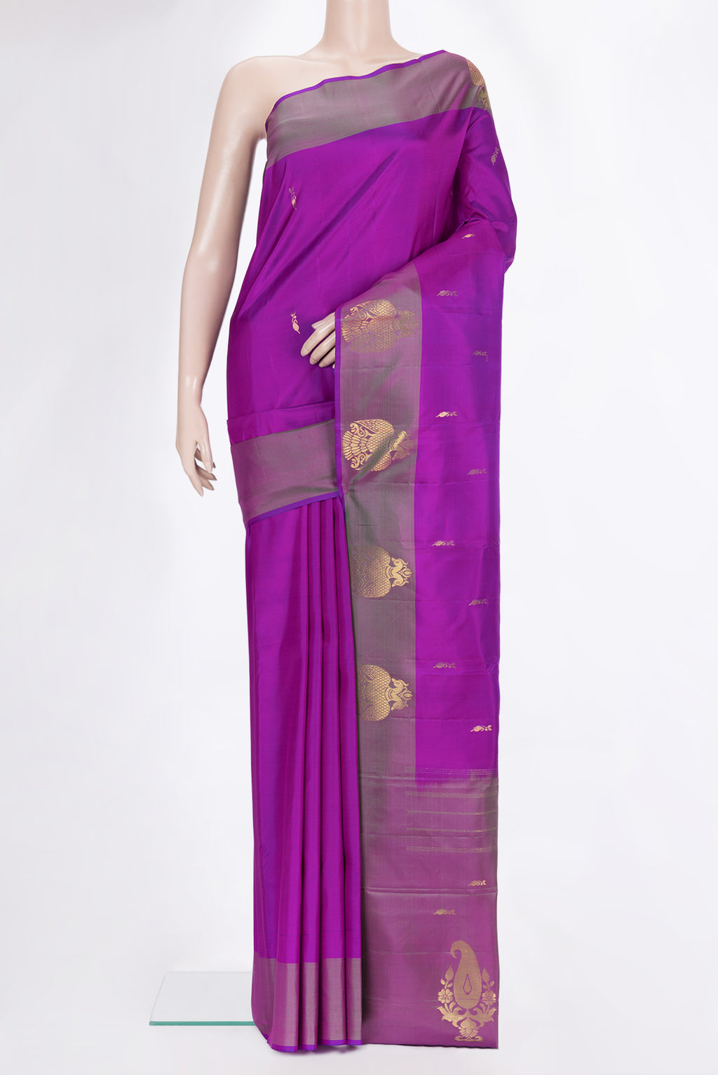 Pure Silk Purple Kanchipuram Saree with Zari Butta on the body and Fancy Border.  displayed on a mannequin