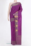 Pure Silk Purple Kanchipuram Saree with Zari Butta on the body and Fancy Border.  displayed on a mannequin