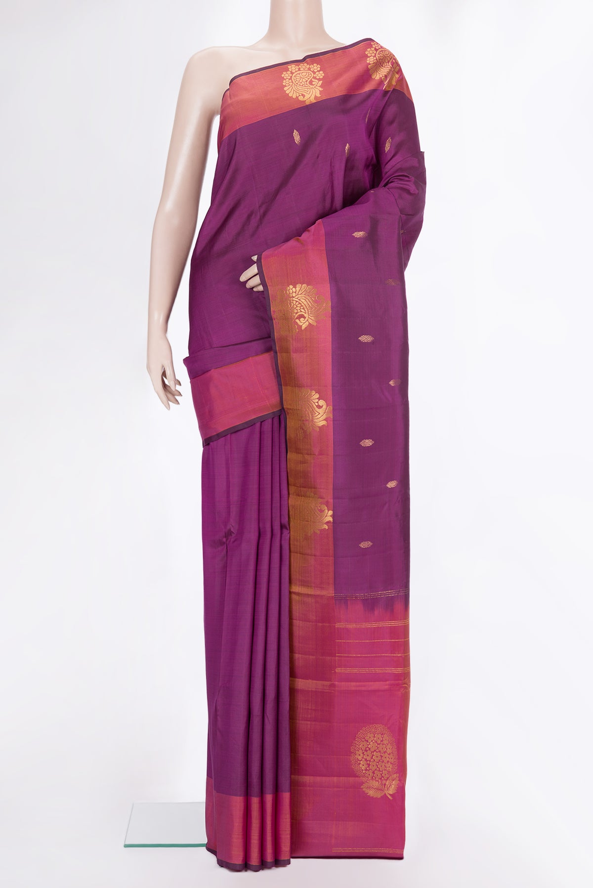 Pure Silk Purple Kanchipuram Saree with Zari Butta on the body and Fancy Border.  displayed on a mannequin