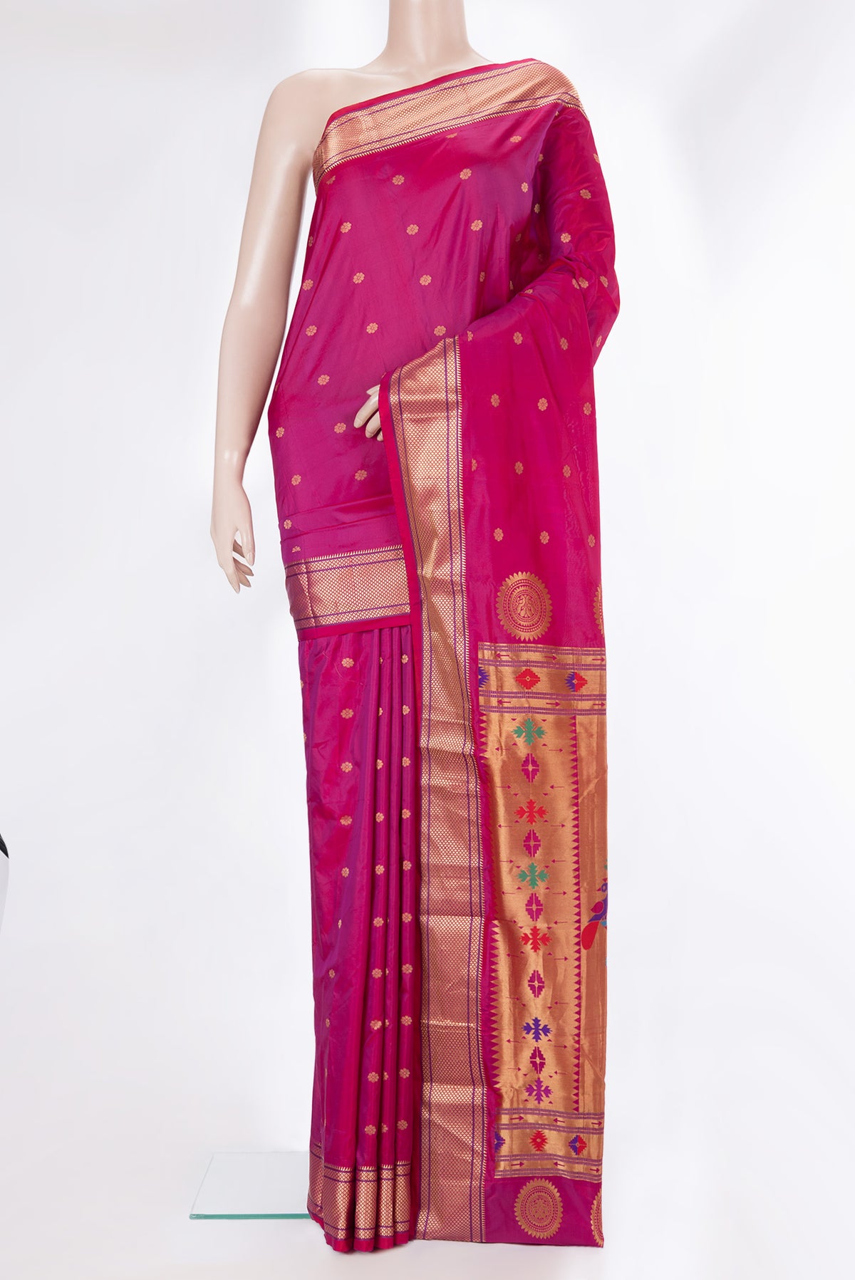 Pink Dual Tone Blended Paithani Silk Saree with Zari Butta on the body and Zari Border.  displayed on a mannequin