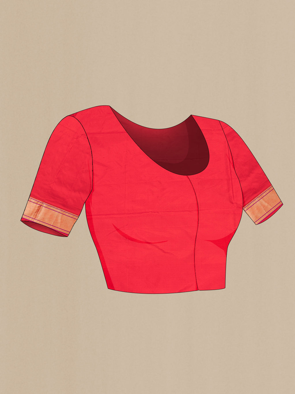 Close up image of the blouse of Red Dual Tone Blended Paithani Silk Saree with Zari Butta on the body and Zari Border. 