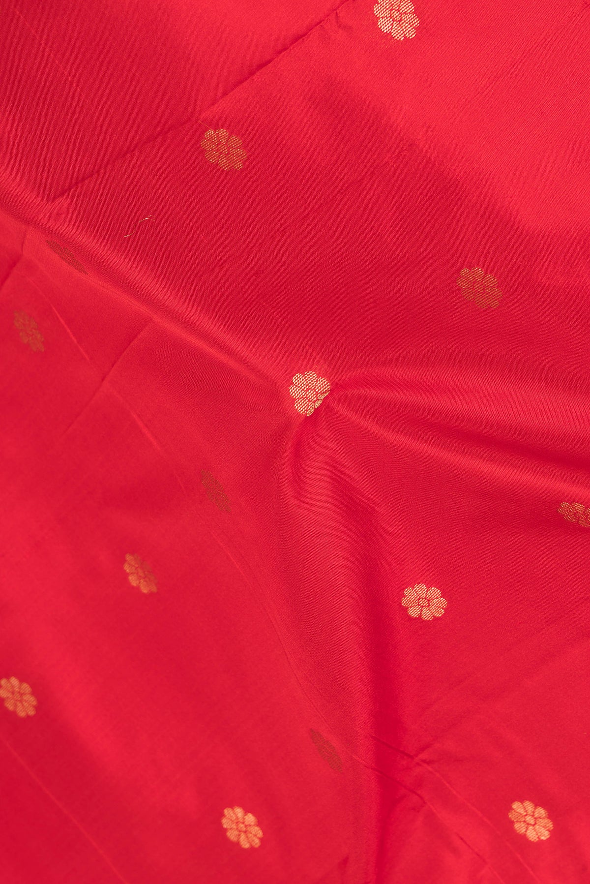 Close up of Red Dual Tone Blended Paithani Silk Saree with Zari Butta on the body and Zari Border.  displaying folds
