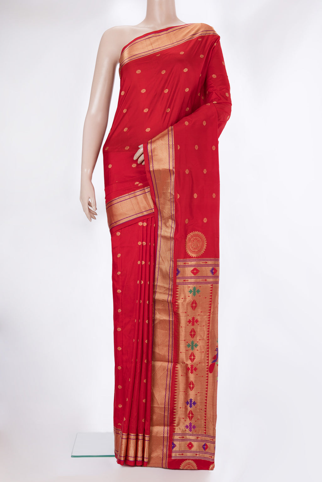 Red Dual Tone Blended Paithani Silk Saree with Zari Butta on the body and Zari Border.  displayed on a mannequin