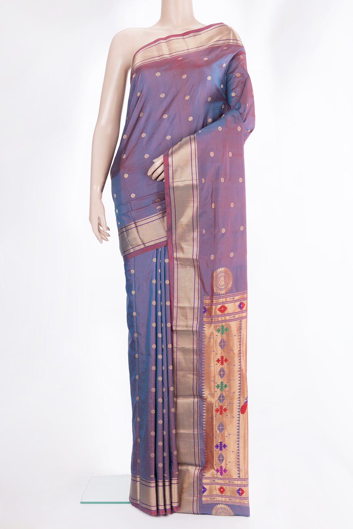 Multi Color Blended Paithani Silk Saree with Zari Butta on the body and Zari Border.  displayed on a mannequin