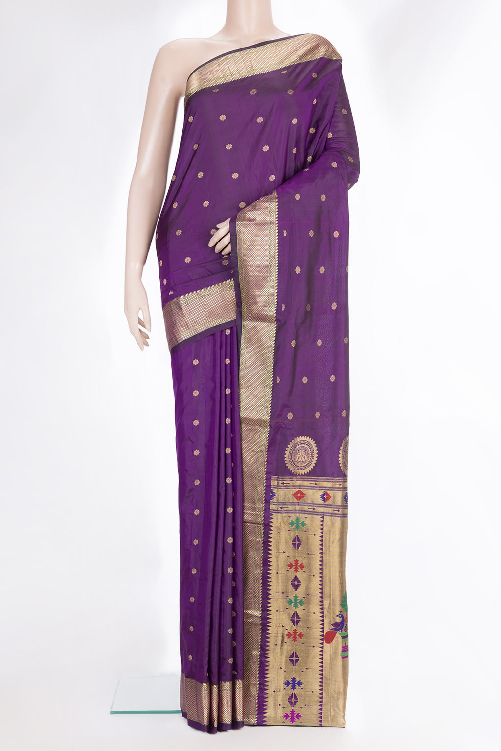 Purple Blended Paithani Silk Saree with Zari Butta on the body and Zari Border.  displayed on a mannequin