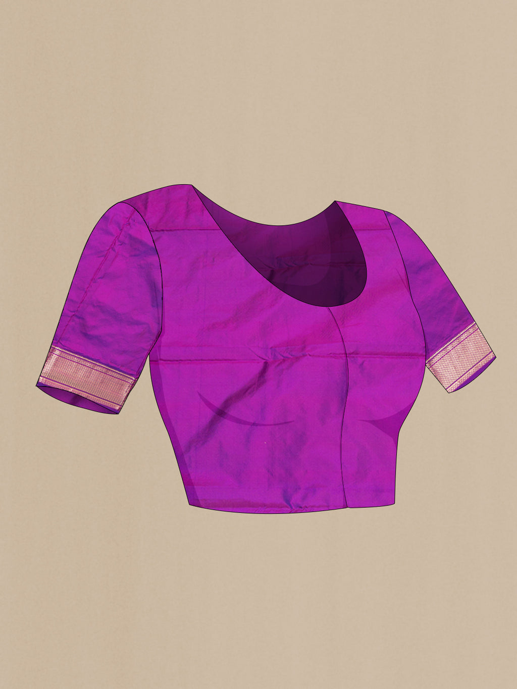 Close up image of the blouse of Purple Blended Paithani Silk Saree with Zari Butta on the body and Zari Border. 