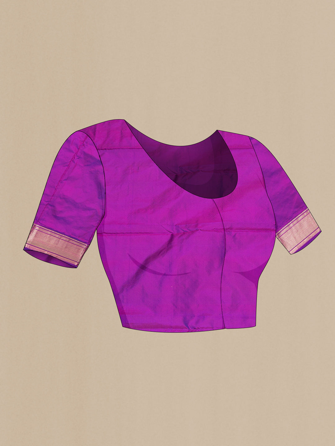 Close up image of the blouse of Purple Blended Paithani Silk Saree with Zari Butta on the body and Zari Border. 