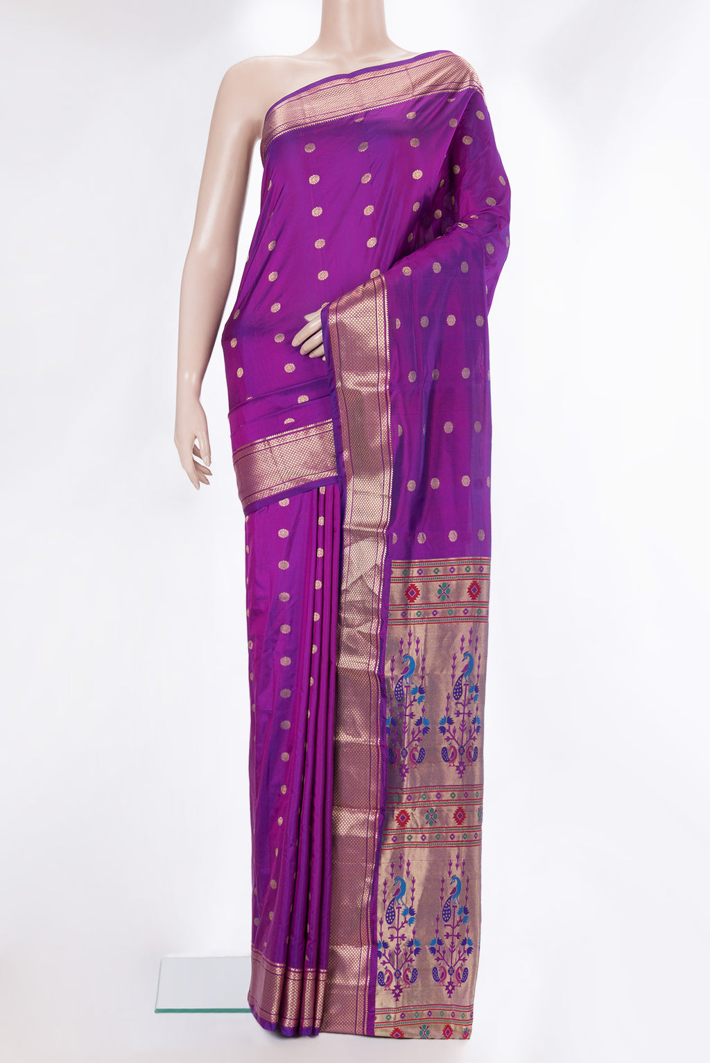Purple Blended Paithani Silk Saree with Zari Butta on the body and Zari Border.  displayed on a mannequin