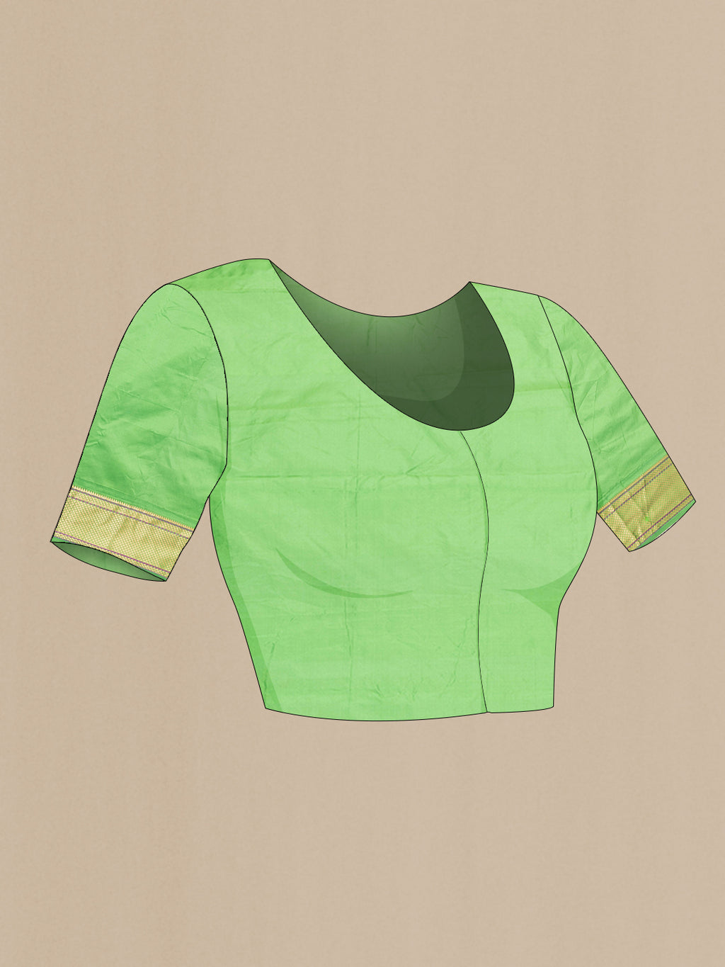 Close up image of the blouse of Parrot Green Blended Paithani Silk Saree with Zari Butta on the body and Zari Border. 