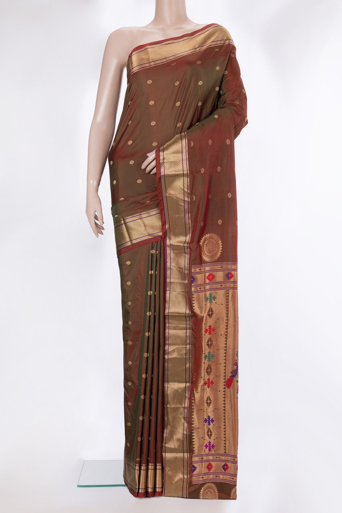 Mehandi Green Dual Tone Blended Paithani Silk Saree with Zari Butta on the body and Zari Border.  displayed on a mannequin