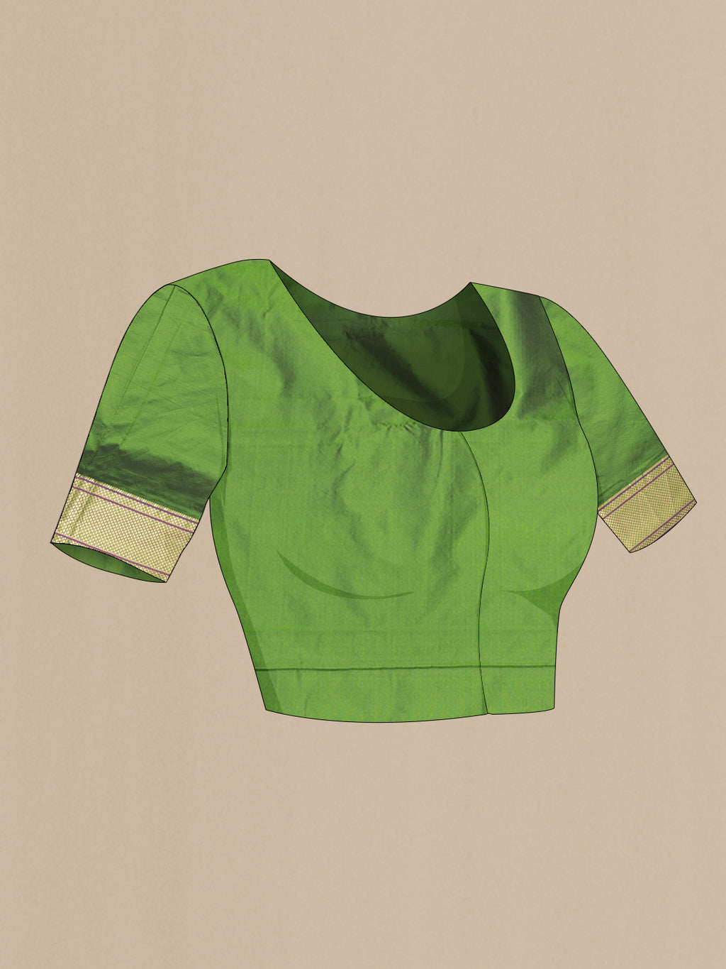 Close up image of the blouse of Mehandi Green Blended Paithani Silk Saree with Zari Butta on the body and Zari Border. 