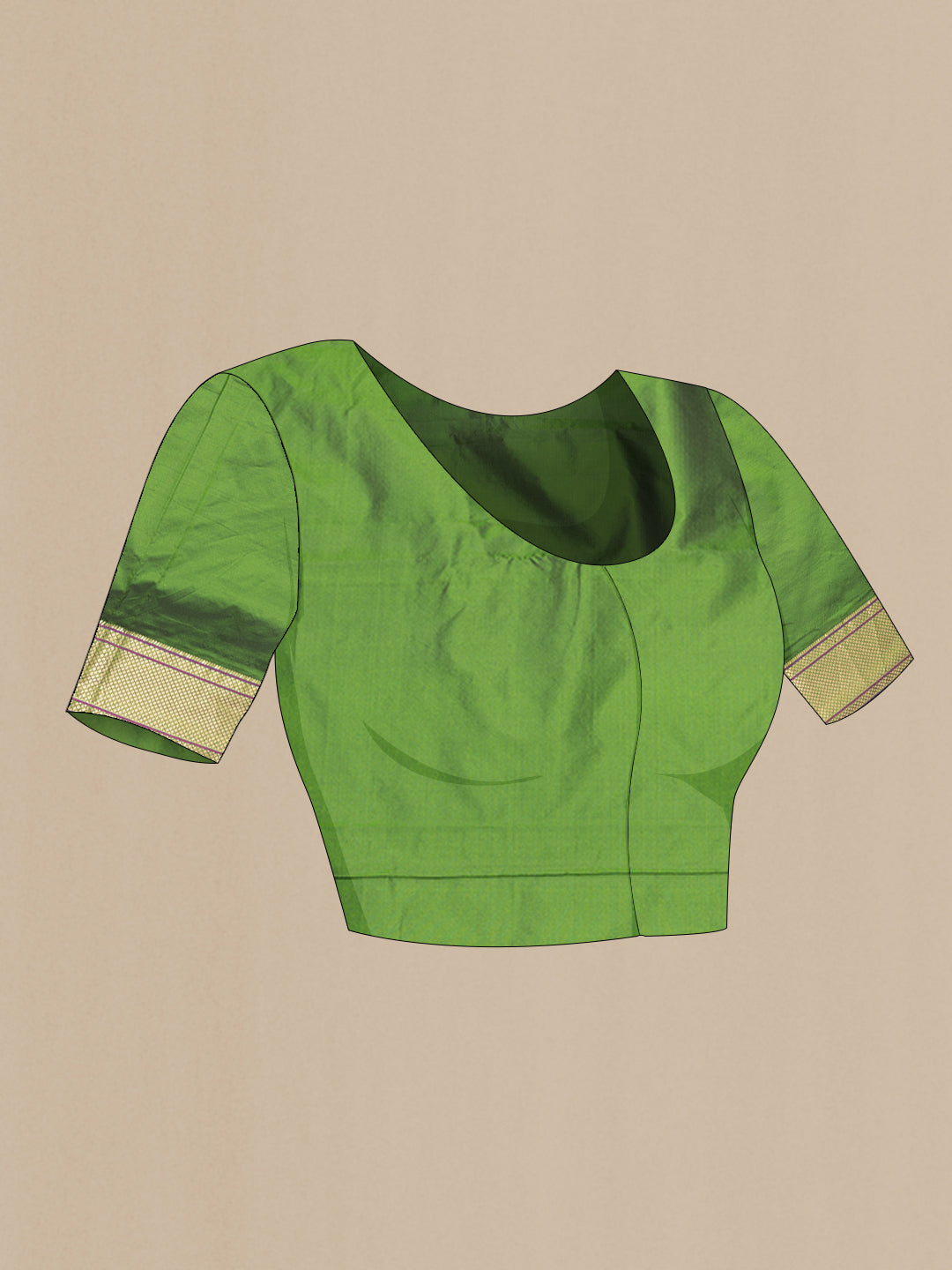 Close up image of the blouse of Mehandi Green Blended Paithani Silk Saree with Zari Butta on the body and Zari Border. 