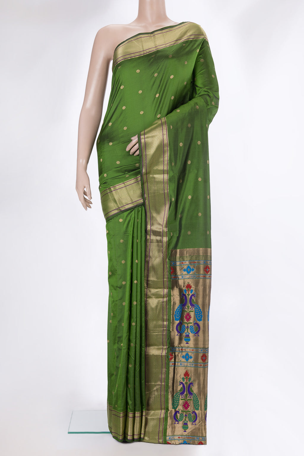 Mehandi Green Blended Paithani Silk Saree with Zari Butta on the body and Zari Border.  displayed on a mannequin