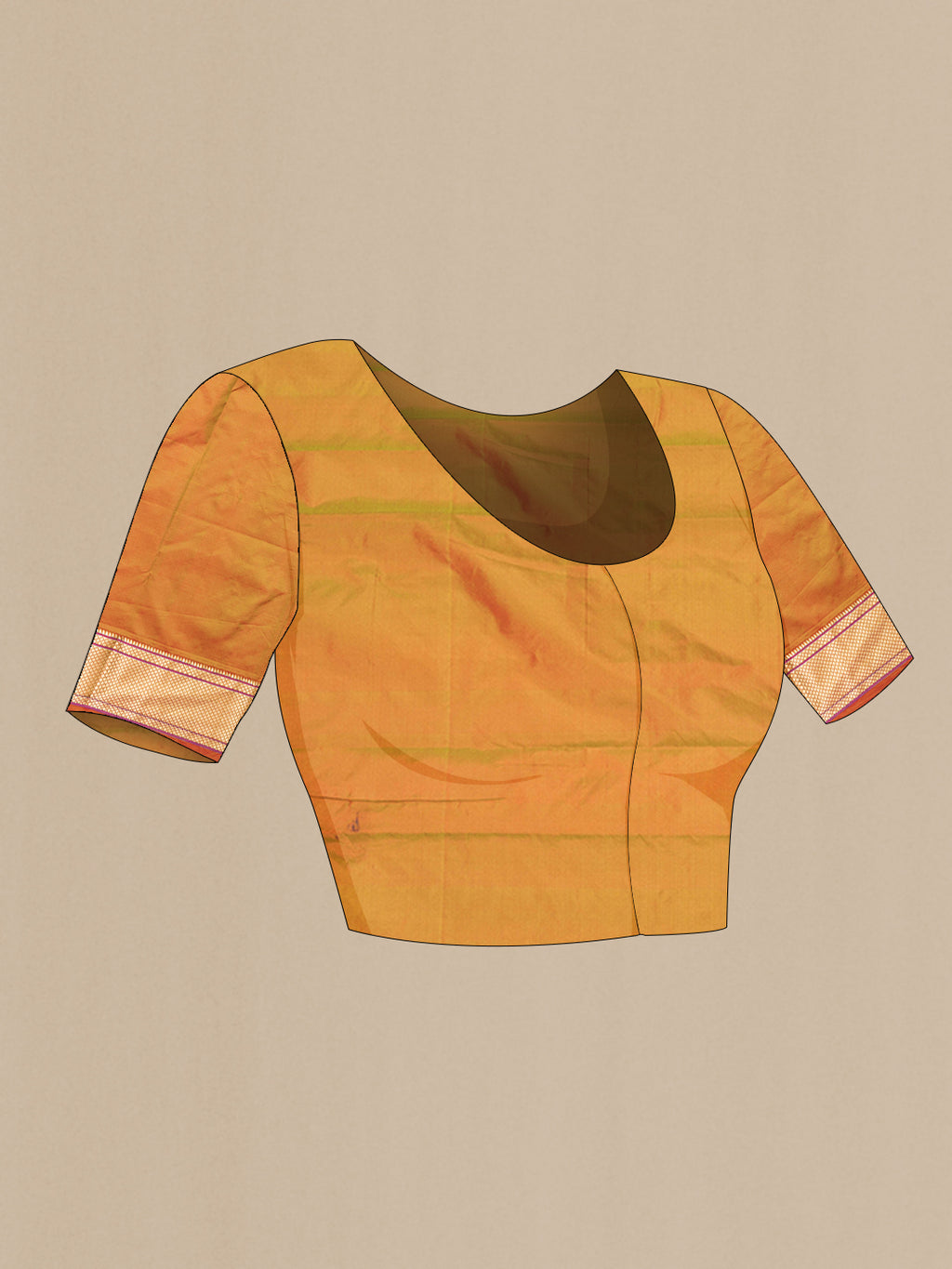 Close up image of the blouse of Mustard Dual Tone Blended Paithani Silk Saree with Zari Butta on the body and Zari Border. 