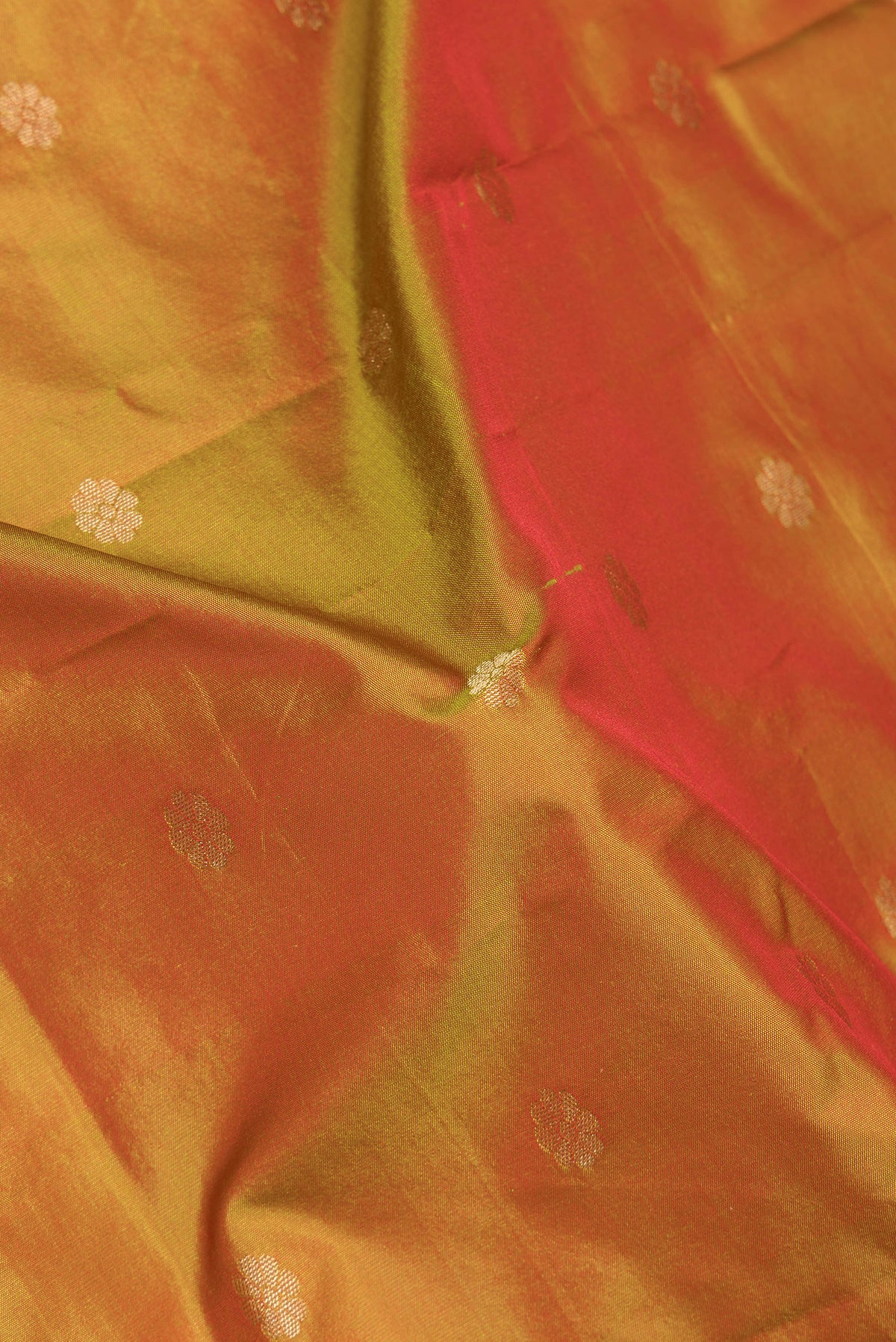 Close up of Mustard Dual Tone Blended Paithani Silk Saree with Zari Butta on the body and Zari Border.  displaying folds