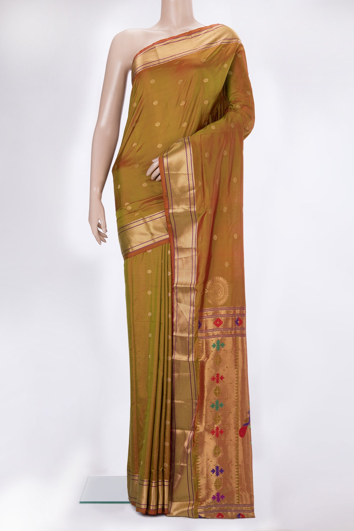 Mustard Dual Tone Blended Paithani Silk Saree with Zari Butta on the body and Zari Border.  displayed on a mannequin